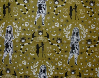 Half Yard, Nightmare before Christmas,  Jack, Sally, Snake, Gold Background, Retired Print, Cotton