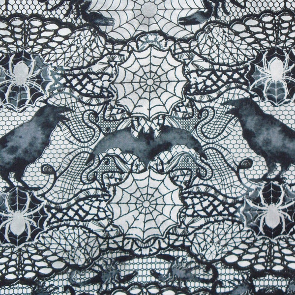 Zombie Love Letters, 11” x 21”, NOT LACE !  Lace and Spiders, Halloween Fabric, Timeless Treasures, Ravens, Bats, Spider Web, Scorpions