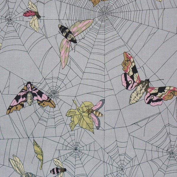 The Ghastlies,  A Ghastlie Web,  11" x 21", Alexander Henry, Moths and Insects, Gray Background, Cotton Fabric