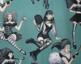 Gorgeously Goth Fabric, Alexander Henry, Oversized Pin Up Figures, Halloween Fabric, Moldy Green, Cotton, Yard