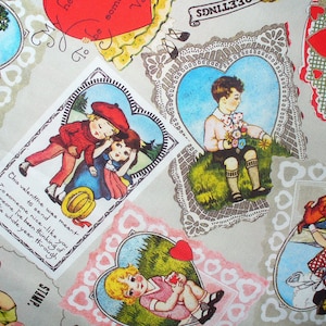 Riley Blake Be Mine Valentine Fabric,  Half Yard, OOP, Vintage Style, Valentine Cards,  Gray Background, Cotton Fabric