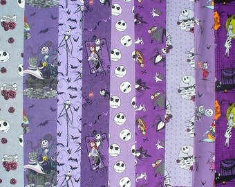 Nightmare before Christmas Fabric, 9 Fat quarters, Jack Bundles, Purples, Jack, Sally, & Zero, Cotton