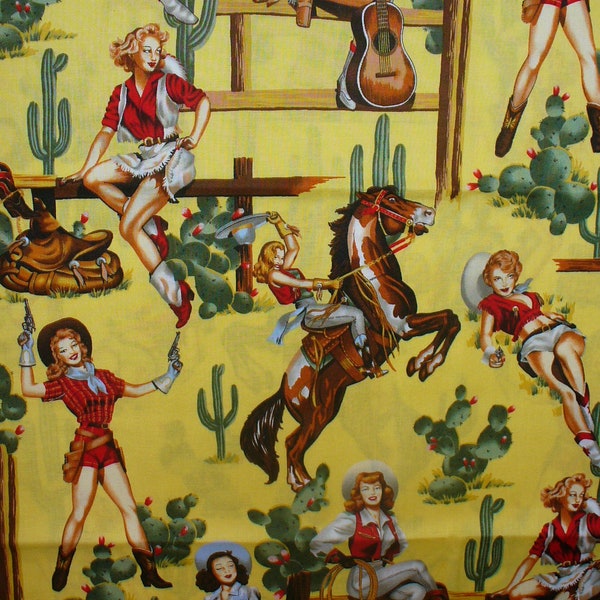 From the Hip, Alexander Henry, Cowgirls Fabric, Yellow Background, Western Pin Ups, By the Yard, Cotton Fabric