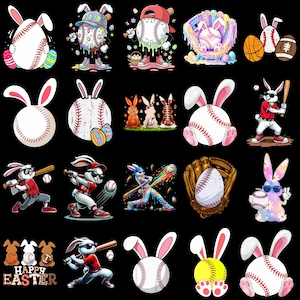 May include: A collection of colorful baseball-themed Easter designs. The images feature baseballs with bunny ears, Easter eggs, and baseball players. Some designs include the text "Happy Easter".