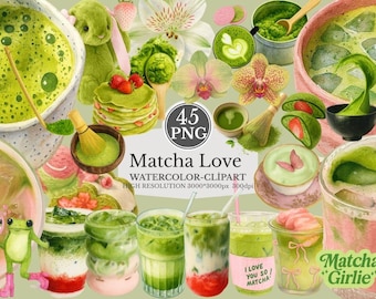 Imágenes prediseñadas de matcha en acuarela / 45 imágenes PNG de bebidas y postres de matcha / Uso comercial / Descarga instantánea