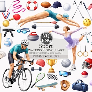 May include: A watercolour illustration featuring a variety of sports equipment and athletes. The image includes a cyclist, swimmer, and figure skater, alongside items like a cricket bat, tennis racket, and a golf club. Text reads "Sport WATERCOLOR-CLİPART".