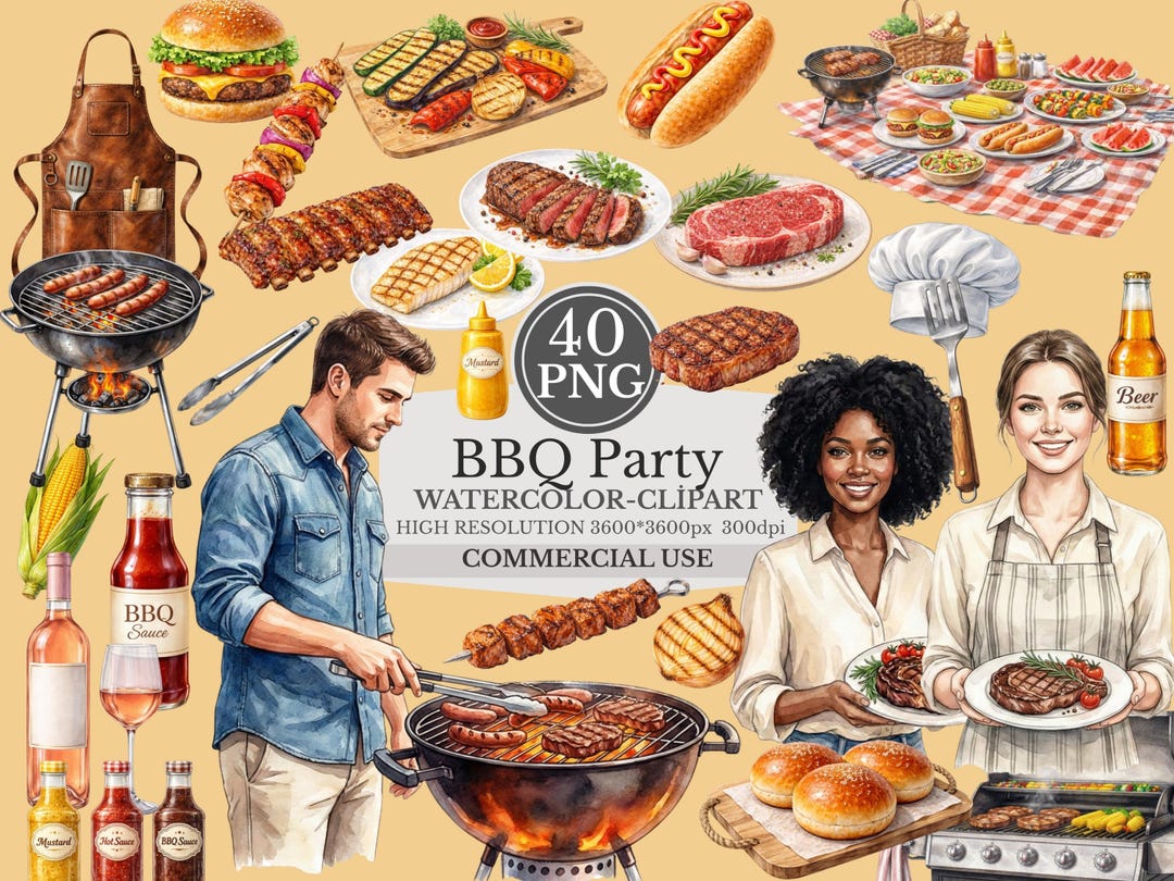 BBQ Party Clipart Watercolor BBQ Clipart Grill Clipart Barbecue Clipart ...