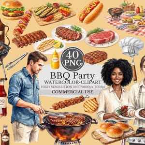 May include: Watercolor illustration of a BBQ party with various grilled foods, including burgers, steaks, and hot dogs. The image includes people, grills, and condiments. The text in the image says "BBQ Party" and "Commercial Use".