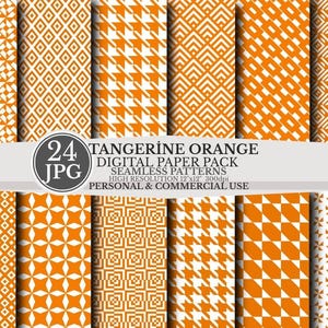 Könnte beinhalten: Eine Sammlung digitaler Papiermuster in Tangerine Orange und Weiß, 30,48 cm x 30,48 cm. Die nahtlosen Muster umfassen geometrische Formen und Hahnentrittmuster. Der Text "Tangerine Orange Digital Paper Pack" ist enthalten.
