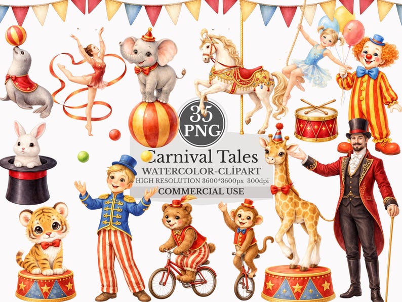 Carnival Tales Clipart Bundle – Transparent PNG Watercolor Circus ...