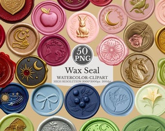 Wax Seal Clipart Set  50 Watercolor Wax Stamp PNGs  Celestial & Floral Wax Seals Vintage Clipart Bundle Transparent Background