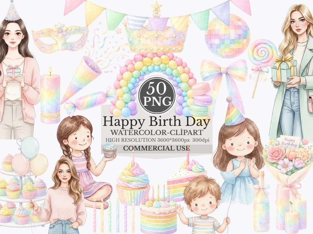 Pastel Birthday Clipart Bundle Party Clipart Watercolor Birthday PNG ...