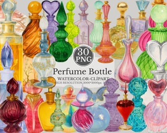 Imágenes prediseñadas de frascos de perfume en acuarela (30 PNG transparentes) - Frascos de perfume de cristal vintage - Imágenes prediseñadas en acuarela de alta resolución