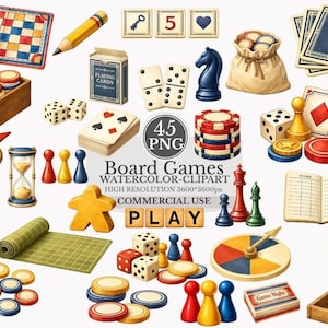 Può includere: Una collezione di clipart ad acquerello di giochi da tavolo con dadi, carte da gioco, pedine, gettoni, una torre per dadi in legno, una clessidra, un segnapunti e un tabellone. Il testo recita 45 PNG, Board Games, Watercolor-Clipart, High Resolution 3600*3600px, Commercial Use e Play.