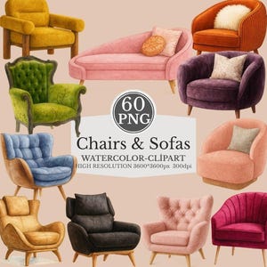Puede incluir: Clipart de acuarela de varias sillas y sofás en diferentes colores y estilos. La imagen incluye una chaise longue rosa, un sillón verde y un sillón morado. El texto de la imagen dice "Chairs & Sofas WATERCOLOR-CLIPART HIGH RESOLUTION 3600*3600px 300dpi".