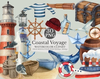 Watercolor Coastal Voyage Clipart 30 PNG Files Nautical Illustration Set High Resolution Instant Download