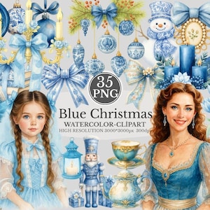 May include: A watercolour clipart set labelled "Blue Christmas" showing blue and white festive decorations such as baubles, bows, candles, and a snowman. The image also includes illustrations of a woman and a young girl.