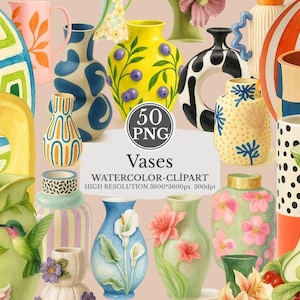 May include: A collection of watercolor-style vases in various shapes and sizes. The vases feature diverse patterns, including floral designs, abstract shapes, and polka dots. The image includes the text "50 PNG Vases WATERCOLOR-CLIPART HIGH RESOLUTION 3600*3600px 300dpi".