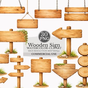 May include: A collection of watercolor wooden signs in various shapes and sizes. Some signs are hanging by chains or rope, while others are mounted on posts. The signs are light brown with a natural wood grain. The image includes the text "Wooden Sign WATERCOLOR-CLIPART".