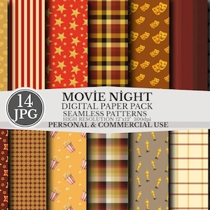 Könnte beinhalten: Ein digitales Papierpaket mit 14 JPG-Dateien mit verschiedenen nahtlosen Mustern zum Thema Film. Designs umfassen Popcorn, Sterne, Filmrollen und Oscar-Statuen. Der Text auf dem Bild lautet "Movie Night" und "Personal & Commercial Use."