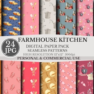 May include: A collection of 24 digital seamless patterns with a farmhouse kitchen theme. The patterns feature various kitchen-related illustrations, including cookies, cakes, cooking utensils, and kitchen appliances. The text on the image reads "FARMHOUSE KITCHEN DIGITAL PAPER PACK SEAMLESS PATTERNS HIGH RESOLUTION 12"x12" 300dpi PERSONAL & COMMERCIAL USE."