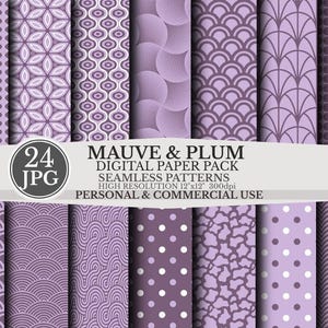 Könnte beinhalten: Ein digitales Papierpaket mit nahtlosen Mustern in Mauve- und Pflaumentönen. Die Muster umfassen Polka Dots, florale Designs und geometrische Formen. Das Paket enthält 24 JPG-Dateien, jeweils 30,48 cm x 30,48 cm bei 300 dpi, für den persönlichen und kommerziellen Gebrauch.