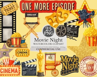 Retro Cinema Clipart Set  Movie Night Watercolor PNG Cinema Icons Popcorn Camera Ticket Commercial Use