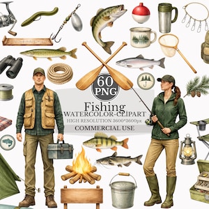 Puede incluir: Conjunto de imágenes prediseñadas de acuarela con elementos relacionados con la pesca y personas. Incluye cañas de pescar, peces, equipo de campamento y un hombre y una mujer con ropa de exterior. El texto "Fishing Watercolor Clipart" es visible.