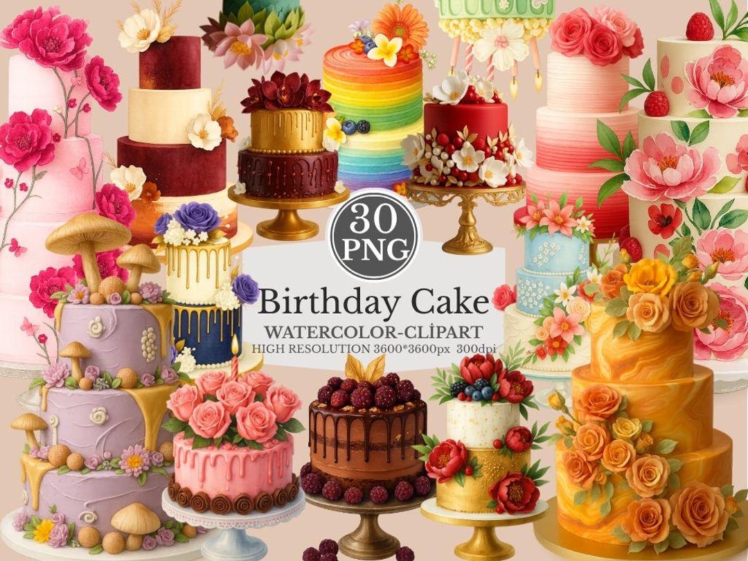Watercolor Birthday Cake Clipart Floral Cake PNG High Resolution ...