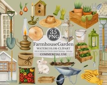 Ilustraciones de jardinería en acuarela: herramientas de jardín e invernadero (35 archivos PNG). Descarga instantánea en alta resolución. Uso comercial.