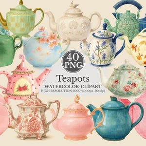 May include: Watercolor clipart of various teapots in different colors and designs. The teapots have floral patterns, polka dots, and other decorative elements. The image includes the text "Teapots" and "40 PNG".