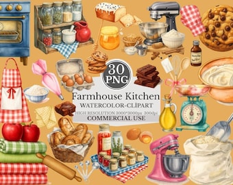 Farmhouse Kitchen Clipart Set, Vintage Baking Pantry Illustrations Rustic Cooking Elements Watercolor Commercial Use