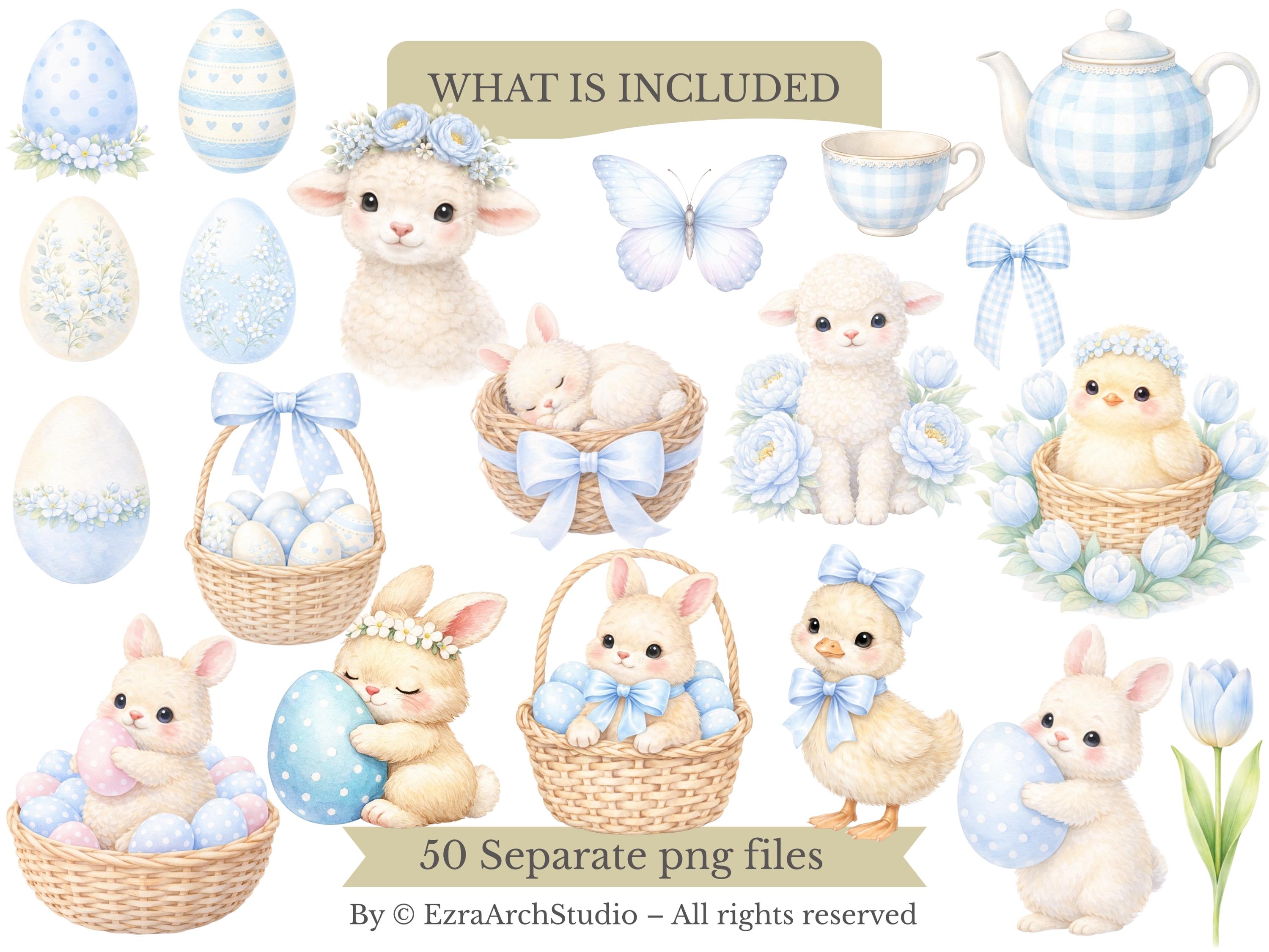 Pastel Blue Easter Clipart Bundle Transparent PNG Easter Bunny Clipart ...