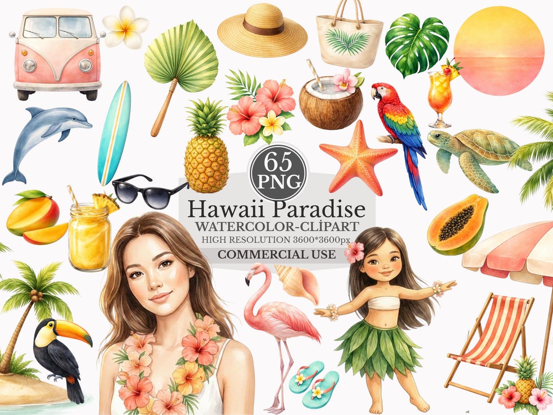 Hawaii Paradise Clipart Bundle – 65 Transparent PNG Tropical Summer ...