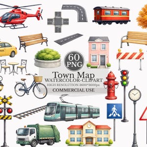 Könnte beinhalten: Aquarell-Stadtkarten-Clipart mit einem roten Hubschrauber, gelben Taxi, Eisenbahnwagen und verschiedenen Straßenelementen. Enthält ein Fahrrad, Gebäude, Ampeln und den Text "Town Map WATERCOLOR-CLIPART".