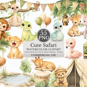 May include: Watercolor clipart set featuring adorable safari animals, including a monkey, lion, ostrich, crocodile, giraffe, elephant, flamingo, and zebra. The image includes the text "Cute Safari" and "55 PNG".