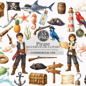 May include: Watercolor clipart set featuring pirate-themed illustrations. Includes a treasure chest, pirate flag, shark, parrot, lighthouse, compass, map, and two pirate figures. The text "55 PNG Pirate Watercolor-Clipart" is also included.