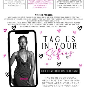 May include: A promotional graphic for HVNEYBEAUTY with information about appointments, including hair preparation, kids' appointments, and visitor parking. The image features a woman's selfie on a phone screen, with text encouraging social media tags.