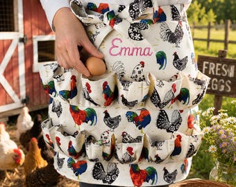 Personalized Name Embroidered Chicken Egg Gathering Apron with Pockets, Farm Utility Apron, Gift for Chicken Keepers, Chicken Moms&Gardeners