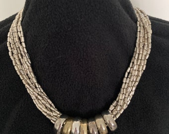 Vintage NECKLACE 10-Strand Silvery Chunky Metal Modernist Steampunk Chain with Rings