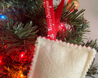 MERRY CHRISTMAS Felt RAVIOLI Ornament Red w/Wht Ribbons; Traditions, Decorations, Gifts, Stocking Stuffers, Secret Santa, Party Favors