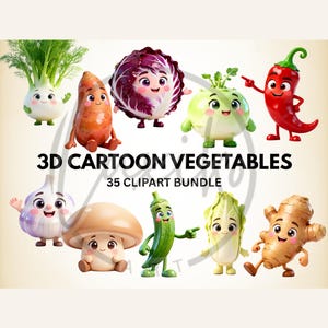 Puede incluir: Una colección de verduras de dibujos animados en 3D, incluyendo una zanahoria, una col roja y un chile, cada una con caras sonrientes. La imagen incluye el texto "3D Cartoon Vegetables" y "35 Clipart Bundle".