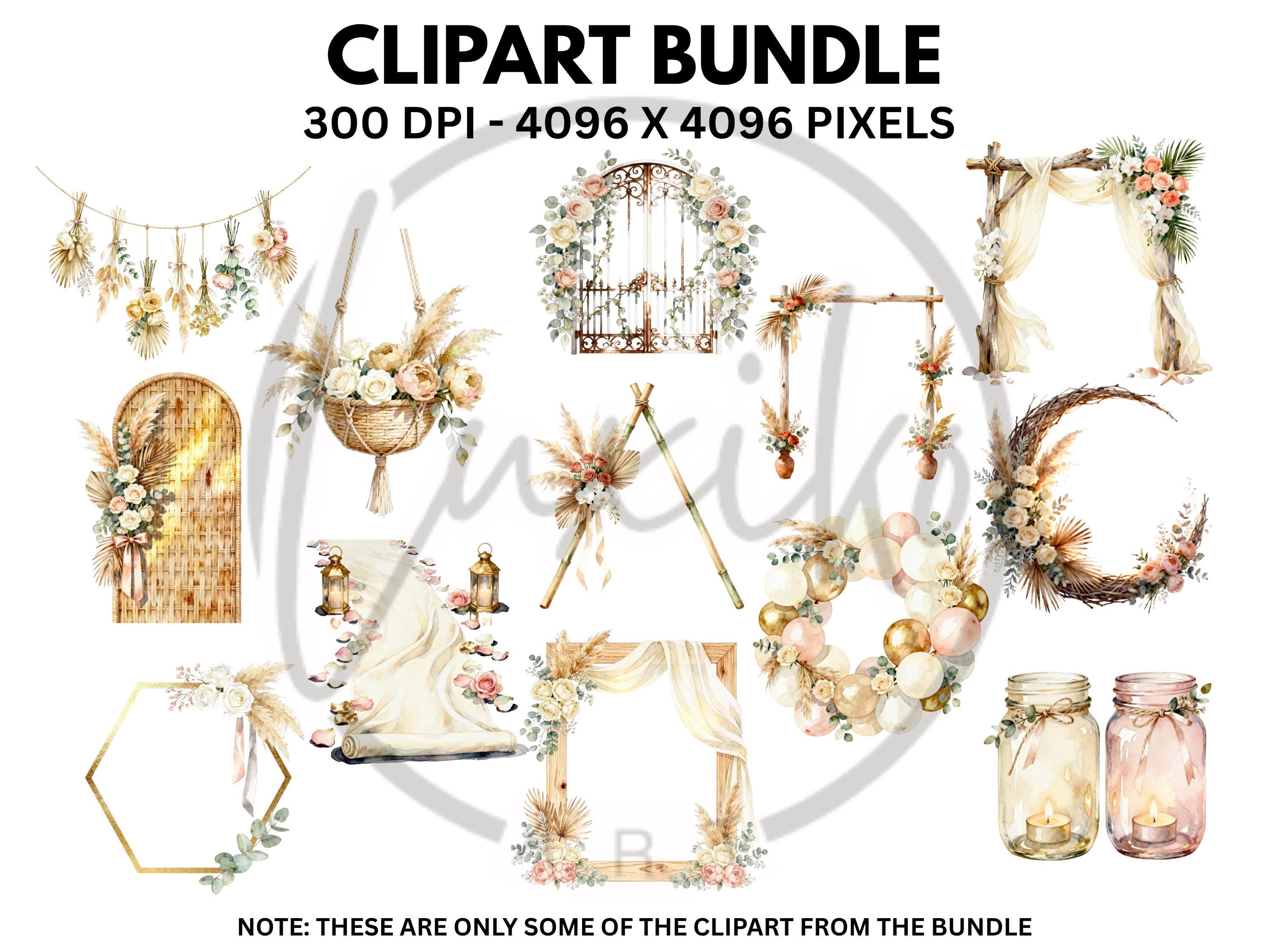 Boho Wedding Watercolor Clipart Bundle | 35 PNG Scene Creator (digital ...