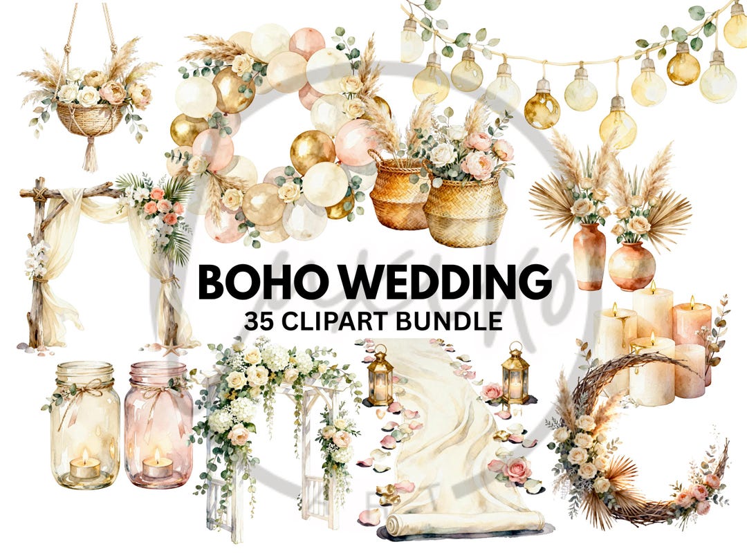 Boho Wedding Watercolor Clipart Bundle | 35 PNG Scene Creator (digital ...