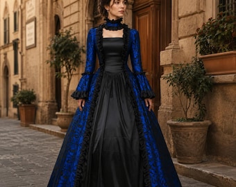 Women’s Retro Long Sleeve Gothic Dress Medieval Victorian Court Lace Stitching Cosplay Party Costume