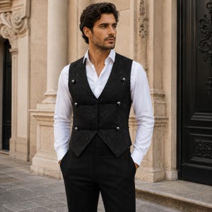 Può includere: Un gilet nero fantasia con bottoni argentati è indossato sopra una camicia bianca. Il gilet ha un design doppiopetto ed è abbinato a pantaloni neri. Adatto per occasioni formali.