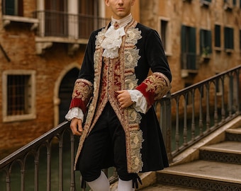 May include: A man in a black velvet coat with gold embroidery, red accents, and a ruffled white shirt. The coat is knee-length and worn with black pants, white stockings, and a decorative brooch. The background features a stone bridge and buildings.