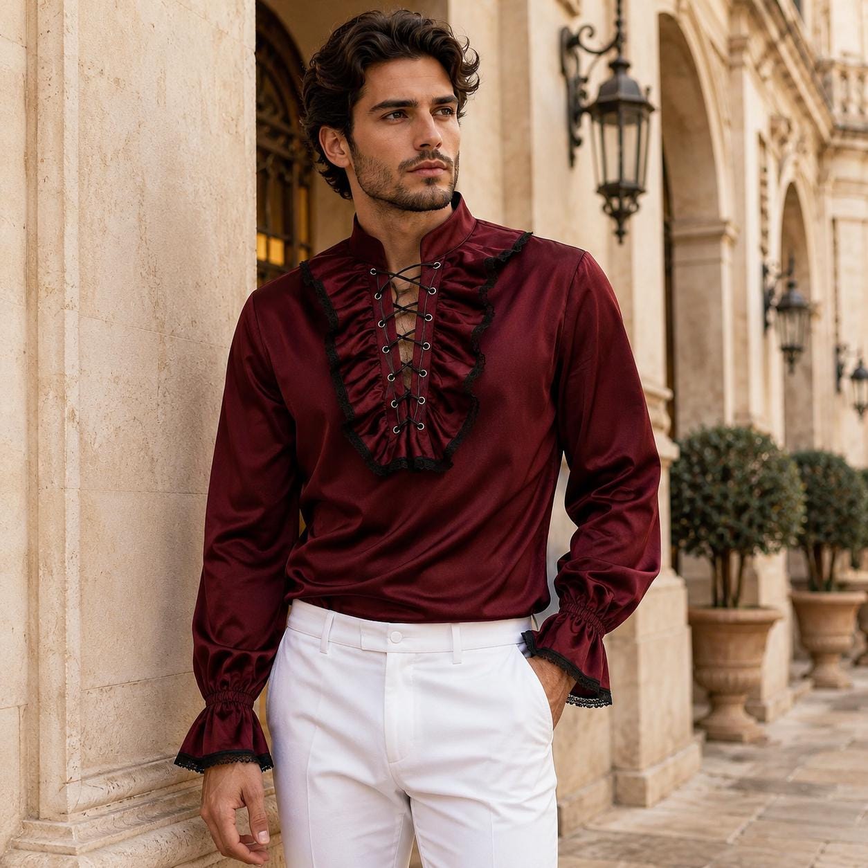 vampire dress shirt Men's Velvet Ruffle Shirt - Gothic Vampire Steampunk Cosplay Costume