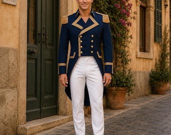 Könnte beinhalten: Marineblaue Jacke im Militärstil mit goldenen Verzierungen und Epauletten, kombiniert mit einer weißen Hose und schwarzen Schuhen. Die Jacke hat goldene Knöpfe und einen hohen Kragen. Das Outfit erinnert an eine formelle Uniform oder ein Kostüm.