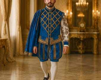 Disfraz de príncipe Tudor azul real para hombre / Traje renacentista con capa